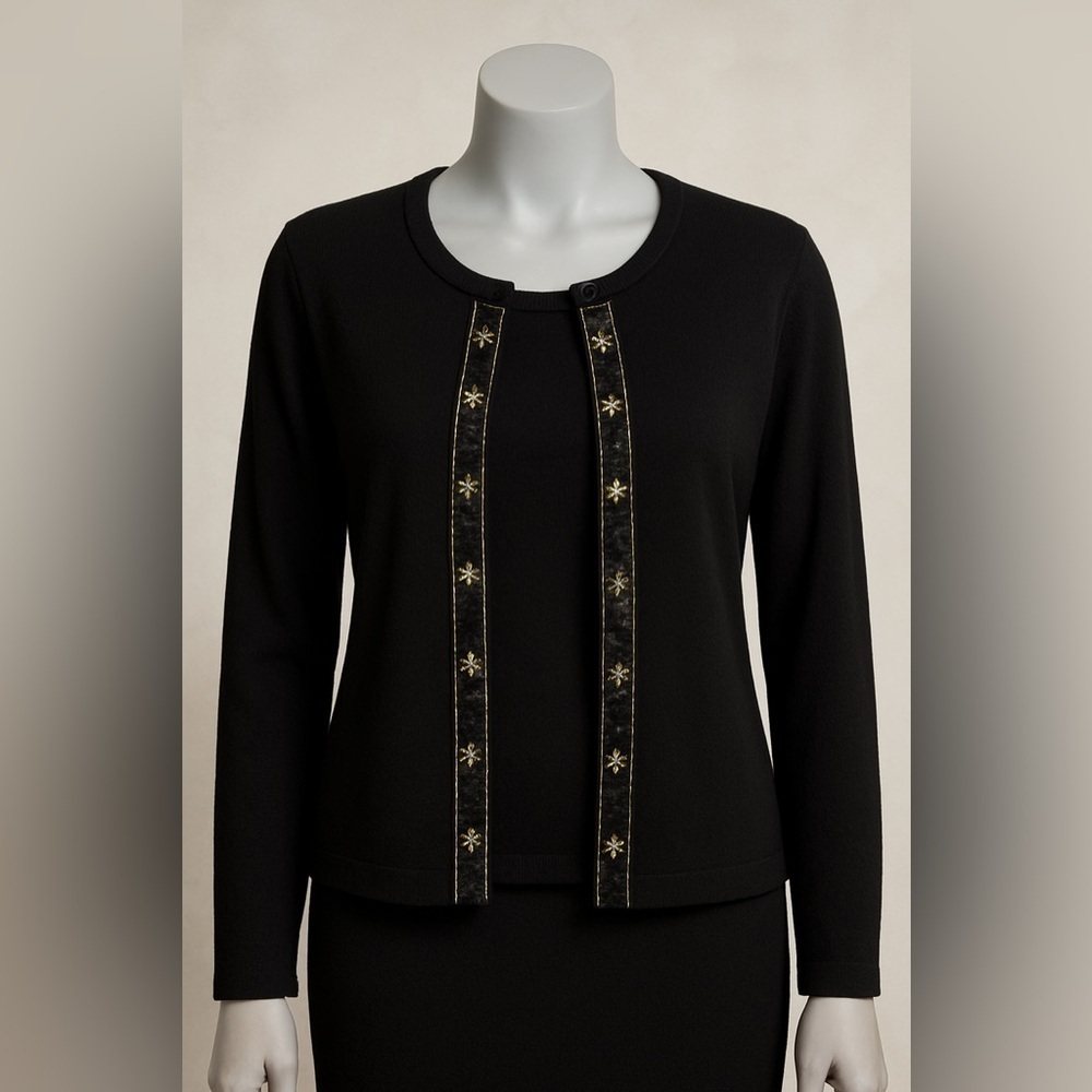 Sag Harbor Black Knit Twinset 2-Piece Cardigan & Shell - Small Embellished Trim - Picture 3 of 9